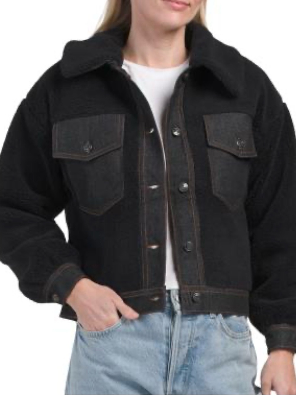 Madden Girl Black Sherpa-Lined Shirt Jacket with Denim Trim